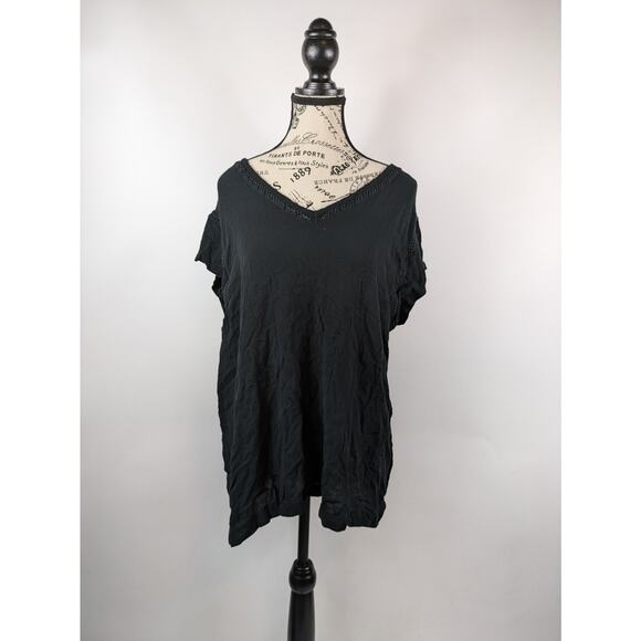Buffalo David Bitton Womens 2XL Blouse Black XXL Slinky V-Neck Cut-Out Short Sl - Picture 1 of 12